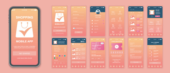 Shopping mobile app interface screens template set. Online account, assortment shop, goods choose and ordering, credit card payment. Pack of UI, UX, GUI kit for application web layout. Vector design. - obrazy, fototapety, plakaty