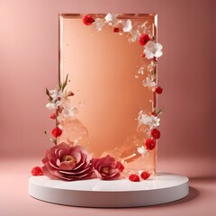 display podium for product presentation with rose flowers