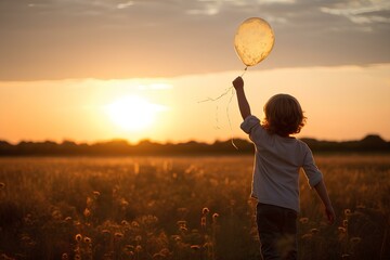 A Child Releasing a Balloon into the Air at Sunset. generative AI