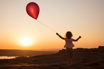 A Child Releasing a Balloon into the Air at Sunset. generative AI