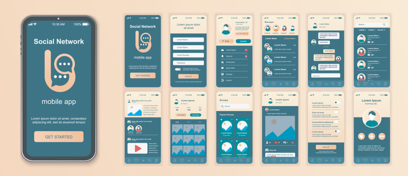 Social network mobile app interface screens template set. Online account, friends chat, messages, photo posts, blogging statistics. Pack of UI, UX, GUI kit for application web layout. Vector design.