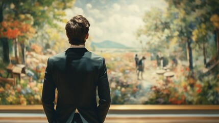 Rear view of young man in suit looking at modern art on the wall in museum