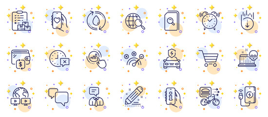 Outline set of Search files, Scroll down and Video conference line icons for web app. Include Market sale, Wallet, Time pictogram icons. Refill water, Speech bubble, Correct answer signs. Vector