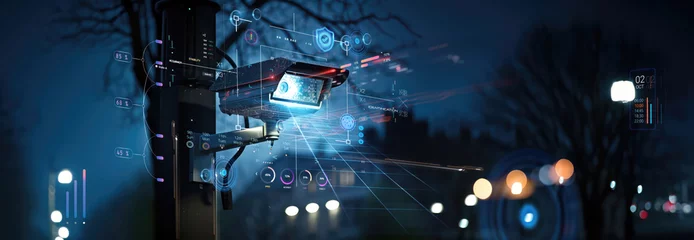 cctv security camera surveillance system for motion and face identity detection or recognition sensor, live monitoring and night vision recording footage concept as wide banner with copy space © sizsus