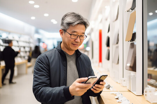 Happy mature asian man chooses mobile phone in store