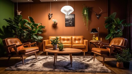 Inspiring office interior design Mid-century style Lounge featuring Iconic designs architecture. Generative AI AIG 31.