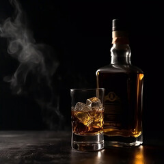 Contours of bottle of whiskey and glass with ice cubes on black background blur and melt into smoke, dream of alcohol