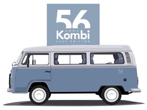 Germany, year 2013, Volkswagen Transporter T2 Kombi Last Edition, 56 years, vintage car silhouette, blue color, vector illustration.