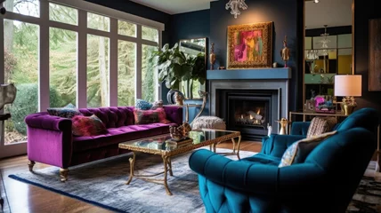Fotobehang Living room decor, home interior design . Art Deco Mid-Century Modern style with Fireplace decorated with Velvet and Brass material . Generative AI AIG26. © Summit Art Creations