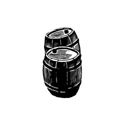 Hand drawn black and white illustration of wine barrels filled with wine, in engraving style.