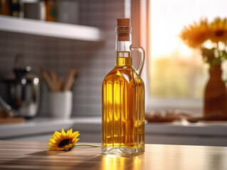 Close-up of a bottle of sunflower oil in a modern kitchen.