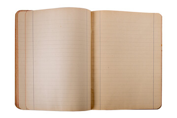 Antique open notebook with lines on pages  yellowed by time, top view