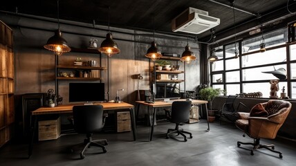Fototapeta na wymiar Inspiring office interior design Industrial style Corporate Office with Open Space Design featuring Exposed ceilings architecture. Generative AI AIG 31.