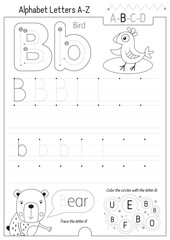 Letter Tracing Worksheet for Activity Book for kids. For Letter B upper and lower case. Preschool tracing and writing practice for toddler and teacher. Black and white Vector printable page