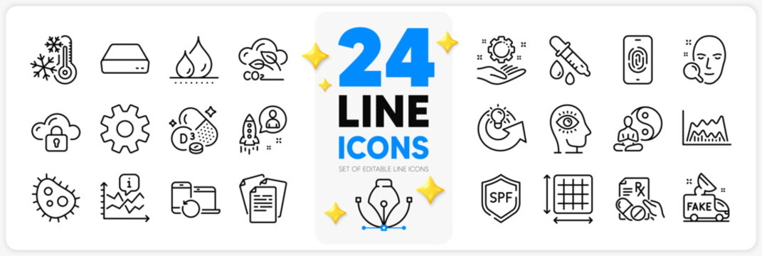 Icons set of Co2 gas, Recovery devices and Waterproof line icons pack for app with Square area, Prescription drugs, Employee hand thin outline icon. Fake news, Startup, Freezing pictogram. Vector