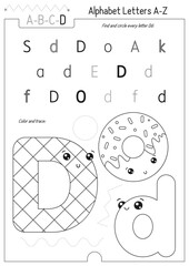 Letter Coloring Worksheet for Kids Activity Book. For Letter D upper and lower case. Preschool tracing lines, shapes and coloring practice for toddler and teacher. Black and white Vector printable