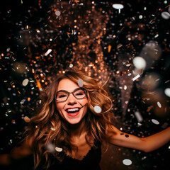 Woman celebrating New Years eve at a party, dancing, singing and jumping into the new year at midnight with confetti in the air. Shallow field of view.