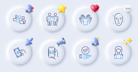 Pay money, Hold t-shirt and Mail app line icons. Buttons with 3d bell, chat speech, cursor. Pack of Woman, Teamwork, Health skin icon. Friends couple, Approved checkbox pictogram. Vector