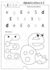 Letter Coloring Worksheet for Kids Activity Book. For Letter E upper and lower case. Preschool tracing lines, shapes and coloring practice for toddler and teacher. Black and white Vector printable 