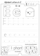 Letter Tracing Worksheet for Activity Book for kids. For Letter E upper and lower case. Preschool tracing and writing practice for toddler and teacher. Black and white Vector printable page