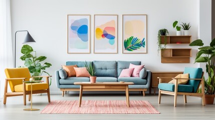 Simple posters gallery hanging on the wall in bright living room interior with blue sofa, two armchairs, fresh plants and wooden coffee table standing on colorful carpet