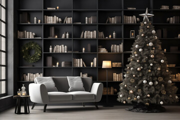 A Contemporary Modern Trend-setting Minimalist Front Living Room in an Apartment Home with paired-back Xmas Christmas Decorations Creating a Soft Cosy Urban Living Festive Indoor Environment