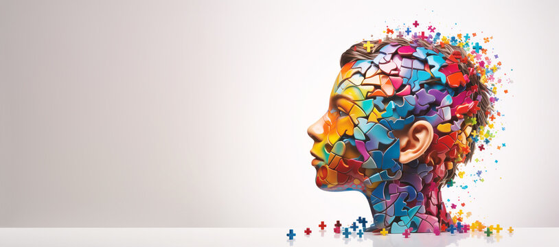 ADHD, attention deficit hyperactivity disorder, mental health, head of a child with colorful jigsaw or puzzle pieces
