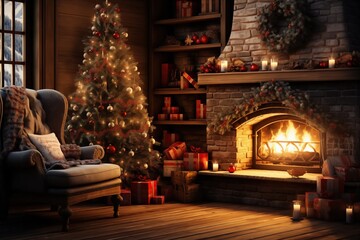 Fototapeta na wymiar Christmas Home Scene Filled with Xmas Decorations, Fir Tree, Candles, Log Fire, Chair, Blankets, Cosy and Warm Glow Traditional Front Living Room Gifts Presents traditional 