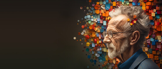 Parkinson´s disease, Alzheimer awareness day, dementia diagnosis, memory loss disorder, brain with puzzle pieces, old man

