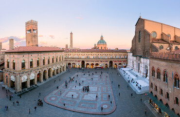 Bologna. Medieval city in Emilia Romagna in Italy Europe. Art and culture. Tourists from all over the world for Piazza Maggiore, Via Indipendenza, the leaning towers and the oldest university © xamnex