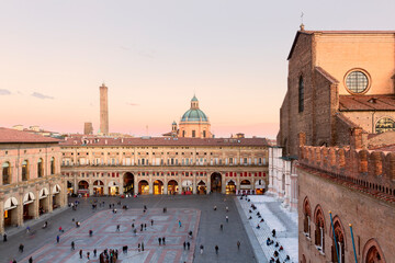 Bologna. Medieval city in Emilia Romagna in Italy Europe. Art and culture. Tourists from all over the world for Piazza Maggiore. © xamnex