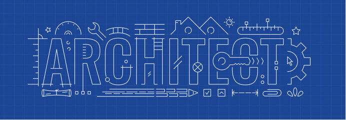 Obraz premium architect and architecture symbols. architect word technical drawing concept. architect letters and symbols on blue background