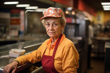 Senior citizen with a stern expression working in the kitchen of a fast food restaurant to make ends meet. Concept for the challenges of social security.