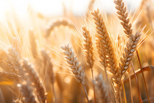 Close up of golden wheat grain in sunny field