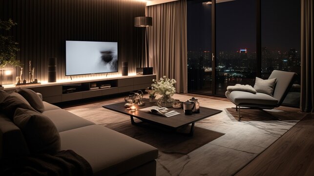 small condo with 700sqft,2 couples living in with 2 rabbits, show living room,dark wood, sophisticated feel,rainy, evening, sleek, hotel luxury, clean, minimal,interior style