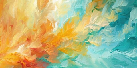 Fototapeta na wymiar Beautiful abstract coral, turquoise, and yellow impressionistic floral design background. beautiful Generative AI AIG32