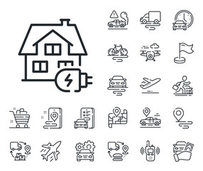 House car charger sign. Plane, supply chain and place location outline icons. Home charging line icon. Electric power symbol. Home charging line sign. Taxi transport, rent a bike icon. Vector