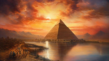 oil painting on canvas, view of pyramid. Artwork. Big ben. Pyramid as sunset. Egypt - obrazy, fototapety, plakaty
