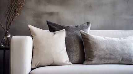 Textured background of grey pillows on a modern sofa in luxury home interrior