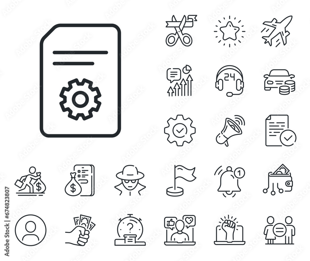 Poster information file with cogwheel sign. salaryman, gender equality and alert bell outline icons. docume