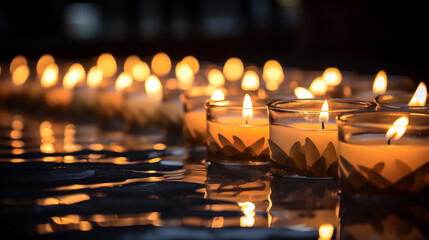 Burning candles in glass cups on dark background with bokeh