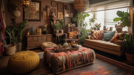 Living room decor, home interior design . Bohemian Eclectic style with Gallery wall decorated with Rattan and Macrame material . Generative AI AIG26.
