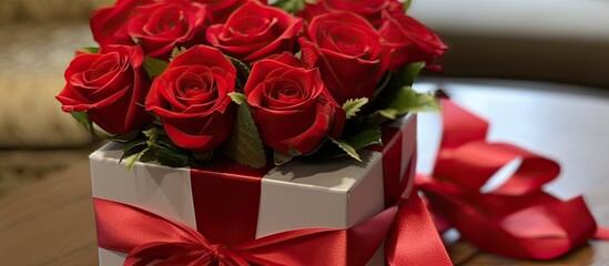 On her birthday a happy woman received a beautiful gift box wrapped in a ribbon revealing a stunning bouquet of red roses symbolizing love The concept behind this thoughtful gesture was to h
