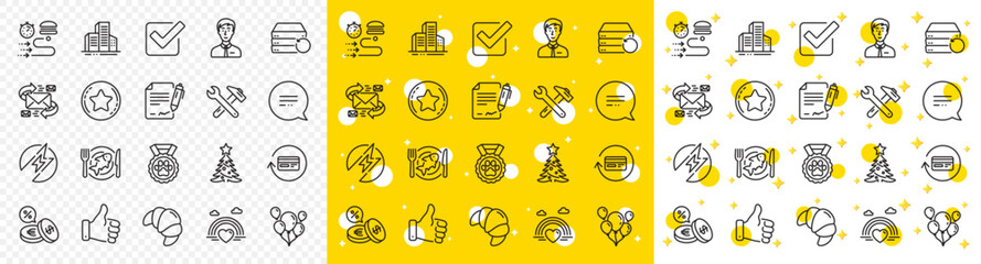 Outline Recovery server, Christmas tree and Loyalty star line icons pack for web with Checkbox, Businessman person, E-mail line icon. Signing document, Food delivery, Croissant pictogram icon. Vector