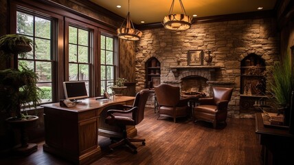Inspiring office interior design Rustic style Corporate Office featuring Cozy and inviting architecture. Generative AI AIG 31. - obrazy, fototapety, plakaty