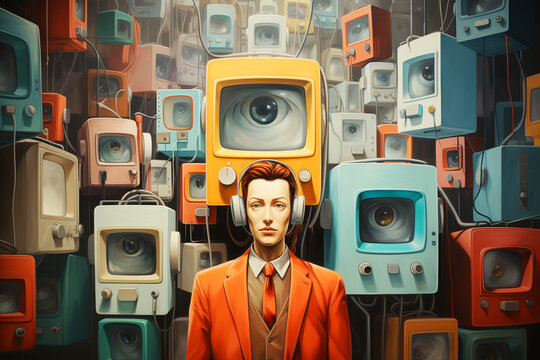 Man with headphone, TV screens with eye, addicted to social media, manipulation and mind control by media,  disconnected to reality 