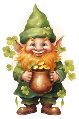 Watercolor Irish gnome, in full body, symbolizing St. Patrick's Day, with pot full of golden coins in hands