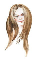 Watercolor portrait of European woman with Down Syndrome. Hand drawn fashion illustration. Inclusive concept - 674825059