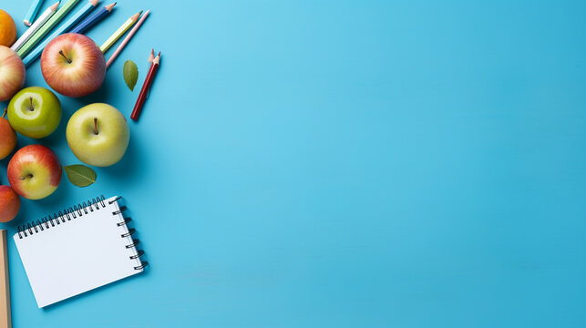 School supplies on a blue background. Back to school. Copy space.