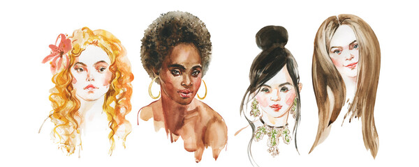 Watercolor portrait of Asian, African and European women with Down Syndrome. Hand drawn fashion illustration. Inclusive concept - 674825400